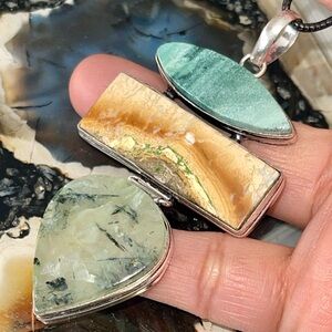 Large Crystal Pairing of Green Jasper, Mookaite & Prehnite Pendant 3 1/4”